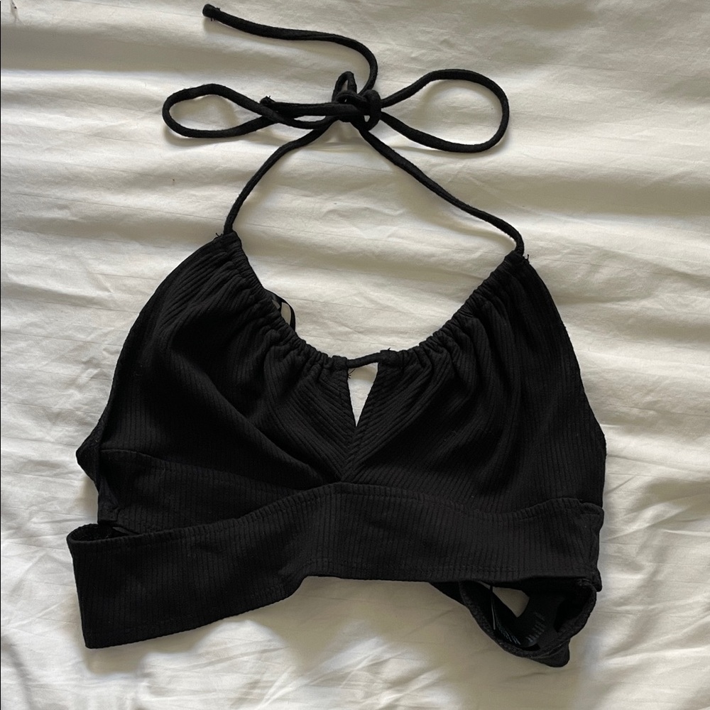 Urban Outfitters Ribbed Black Top Halter Crop Too